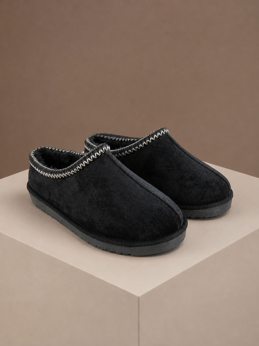 Women's Chestnut Faux Fur Lined Outdoor Slippers with Memory Foam Footbed - Black