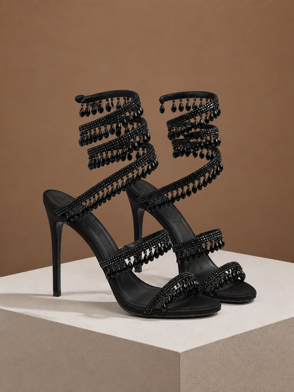 Women's Crystal Strappy High Heels for Parties and Evening Events - Black