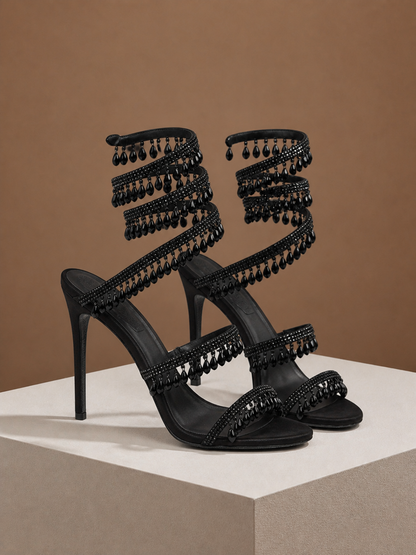 Women's Crystal Strappy High Heels for Parties and Evening Events - Black