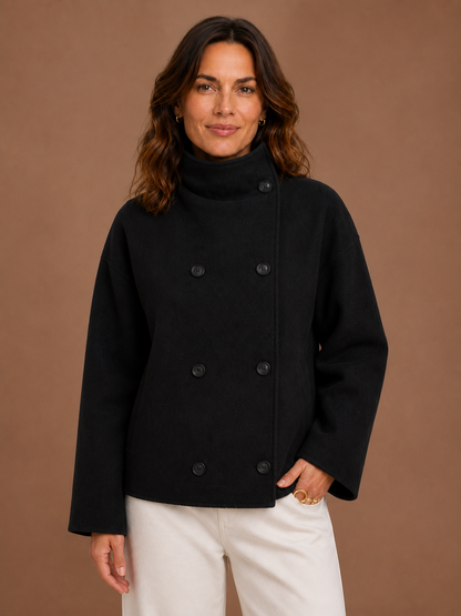 Women's Funnel Neck Jacket - Felt Tailored Winter Loose Pea Coat - Black