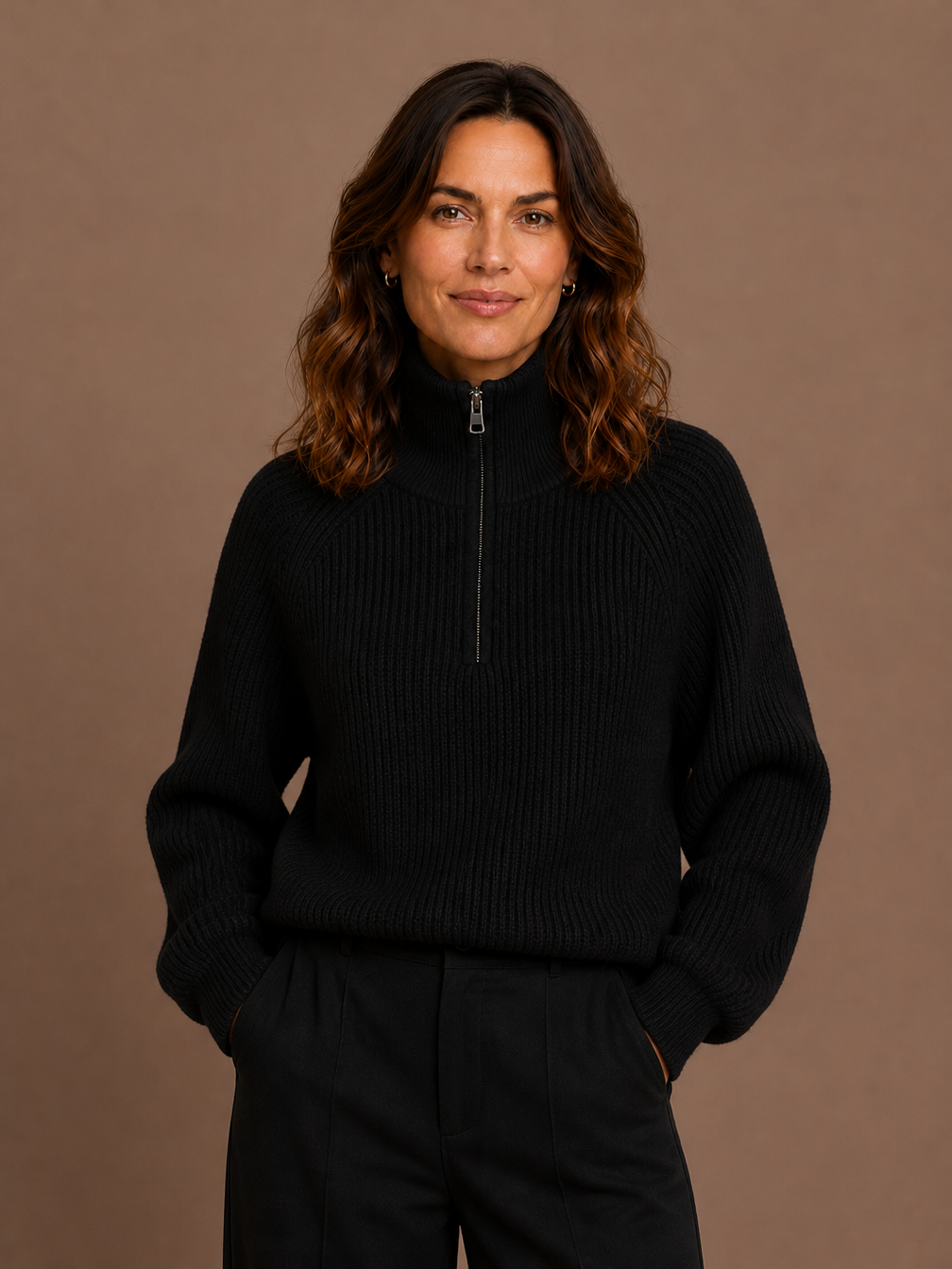 Women's Quarter Zip Knit Sweater Pullover - Black