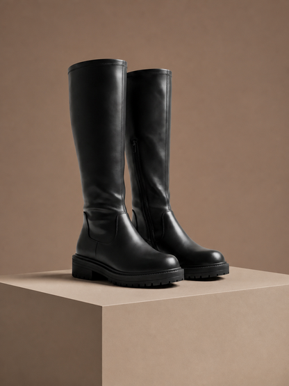 Women's Black Knee High Stretch Boots with Chunky Sole and Round Toe - Black