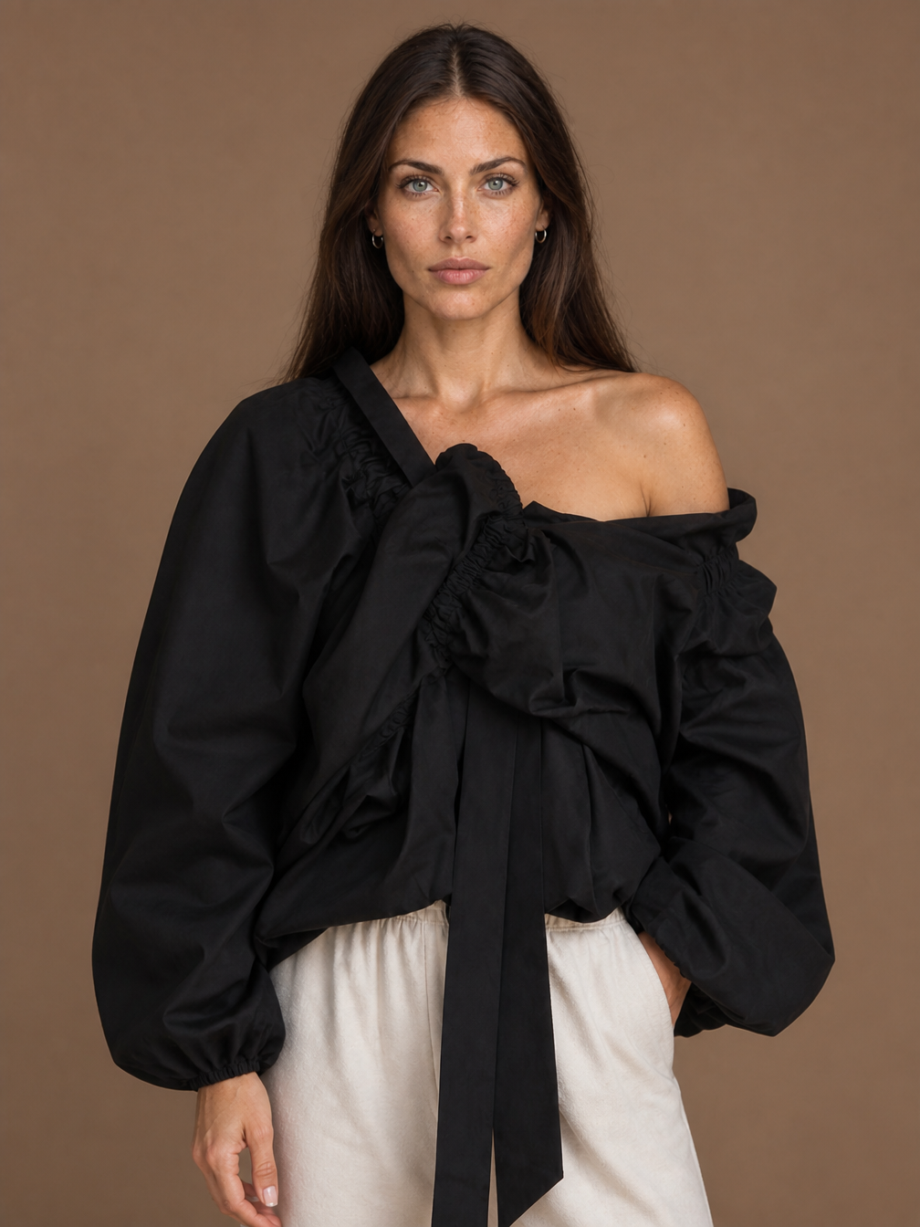 Women's Ruffled Collar Blouse with Lantern Sleeves and Bow Tie - Black