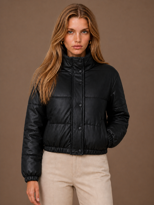 Women's Faux Leather Puffer Jacket - Cropped Quilted Padded Winter Coat - Black