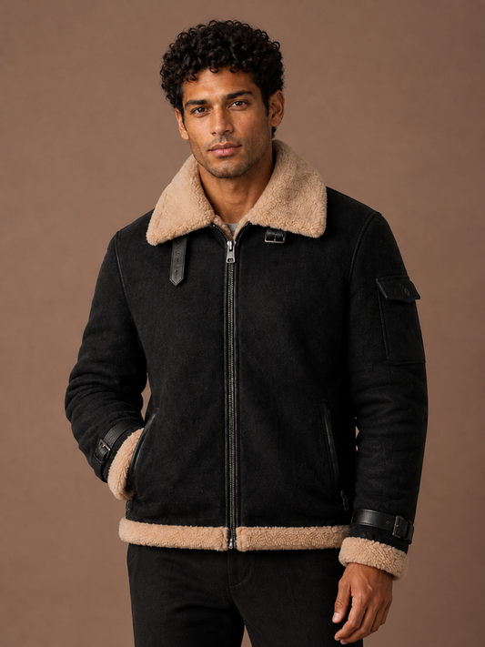 Men’s Sherpa Lined Aviator Jacket with Faux Shearling Collar, Zip Front and Adjustable Cuffs - Black