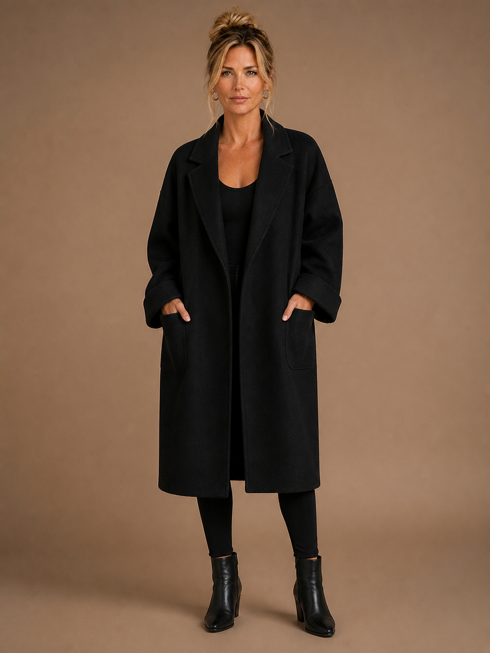 Women's Oversized Longline Coat with Lapels, Patch Pockets and Turn-Up Cuffs - Black
