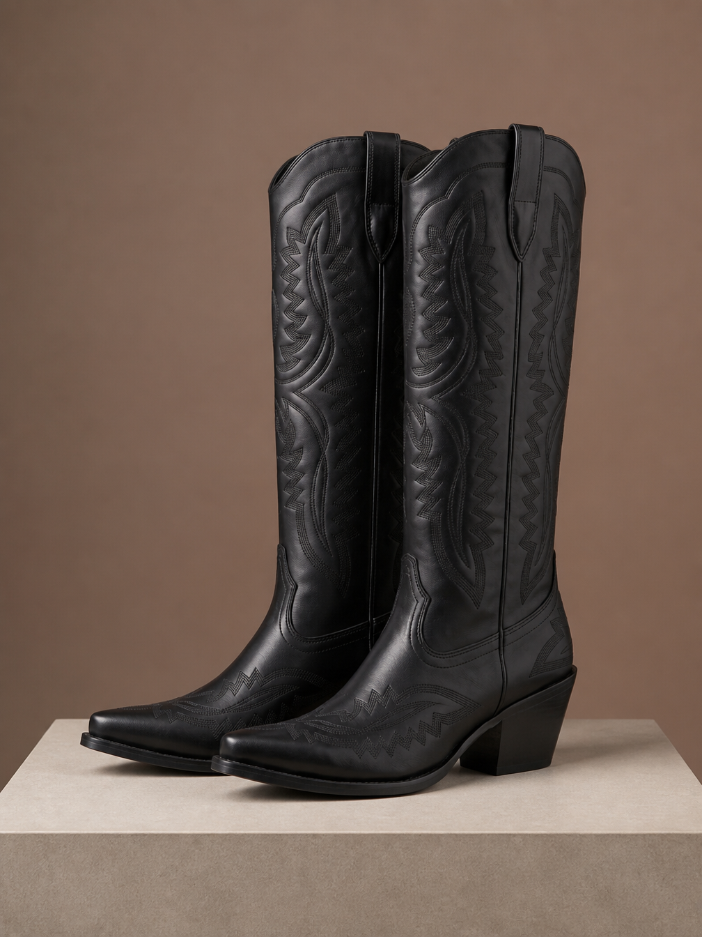 Women’s Knee-High Western Cowboy Boots with Pointed Toe and Contrast Stitching - Black
