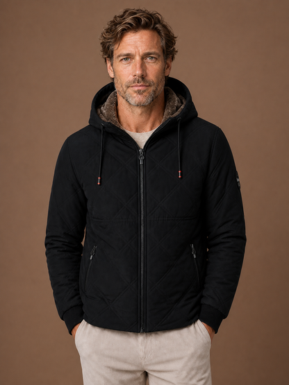 Men's Quilted Puffer Jacket - Hooded Faux-Fur Lined Autumn Winter Coat - Black