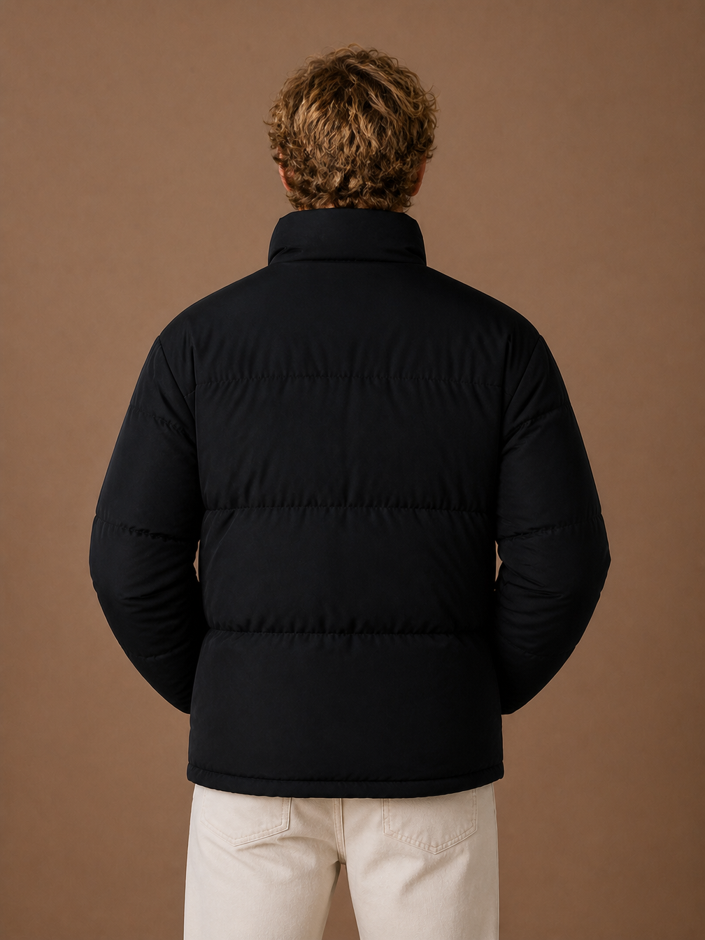Men's Quilted Puffer Jacket, Regular Fit Winter Coat with Full-Length Zip and Hand Pockets - Black - Back View [AI-OPT:76b5414a-ff7a-48be-9bbb-0aa7c954019f]