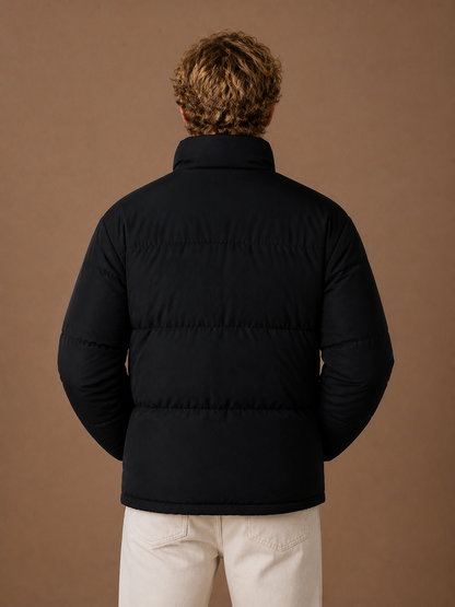 Men's Quilted Puffer Jacket, Regular Fit Winter Coat with Full-Length Zip and Hand Pockets - Black - Back View [AI-OPT:76b5414a-ff7a-48be-9bbb-0aa7c954019f]