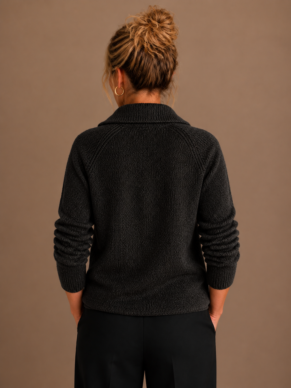 Women's Pure Cashmere Half-Zip Knitted Pullover Sweater with Long Sleeves - Black - Back View [AI-OPT:e05dbd7c-d1c2-4857-b1f8-2a68d78a132c]