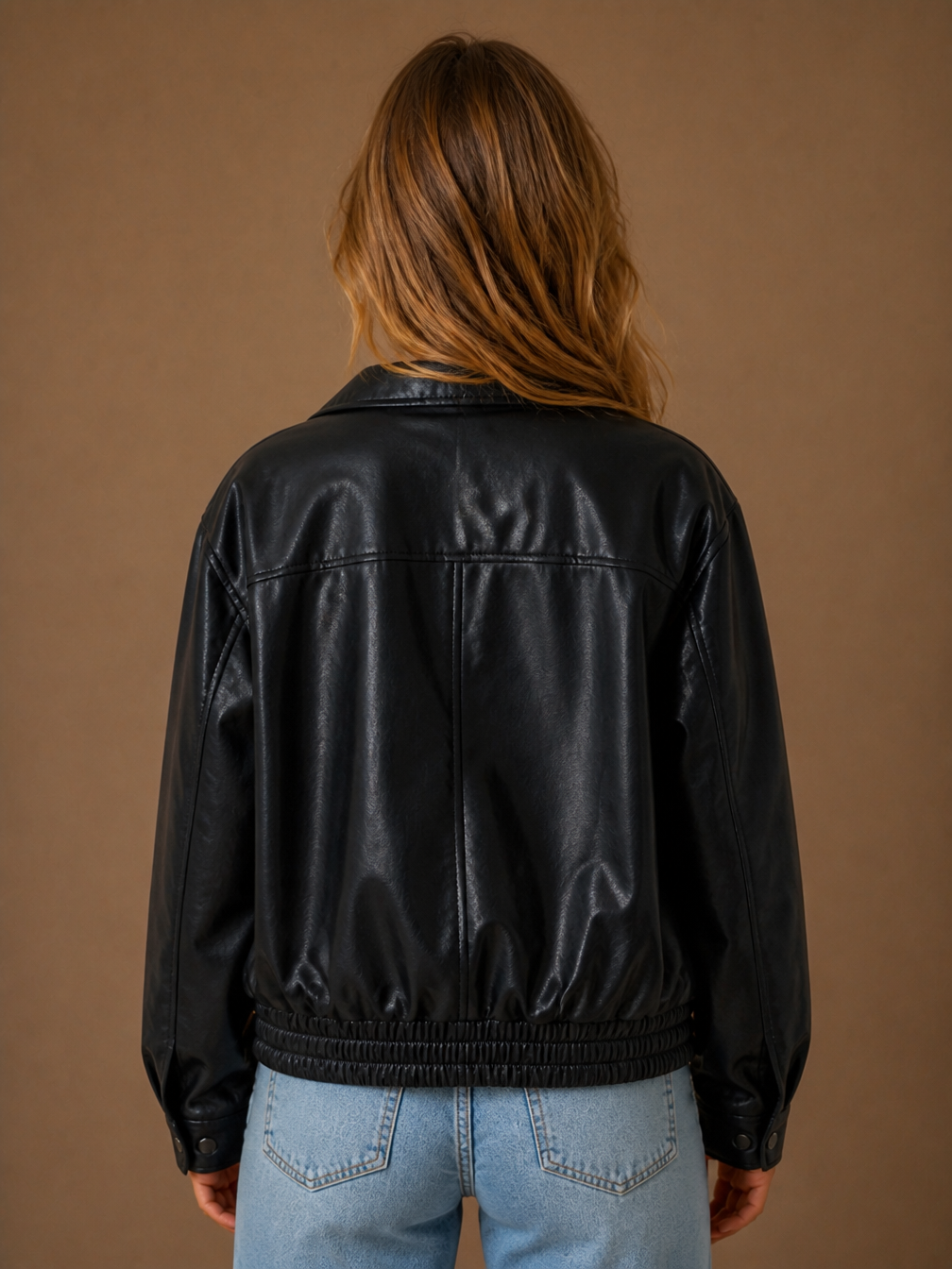 Women's Oversized PU Leather Jacket, Casual Brown or Black Faux Leather Coat - Black - Back View [AI-OPT:b16d4eb5-63a5-4947-9510-702d106c92e9]