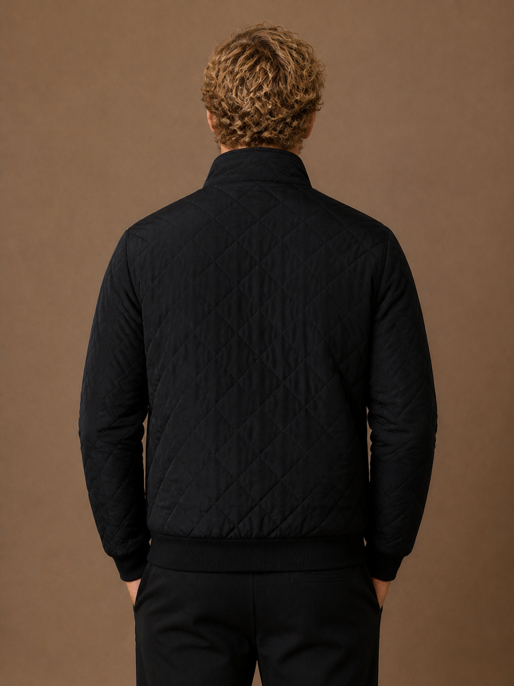 Men's Quilted Winter Jacket with Fleece-Style Lining, Stand Collar and Zip Pockets - Black - Black - Back View [AI-OPT:cb09550b-df00-4222-b0e1-12980f602221]