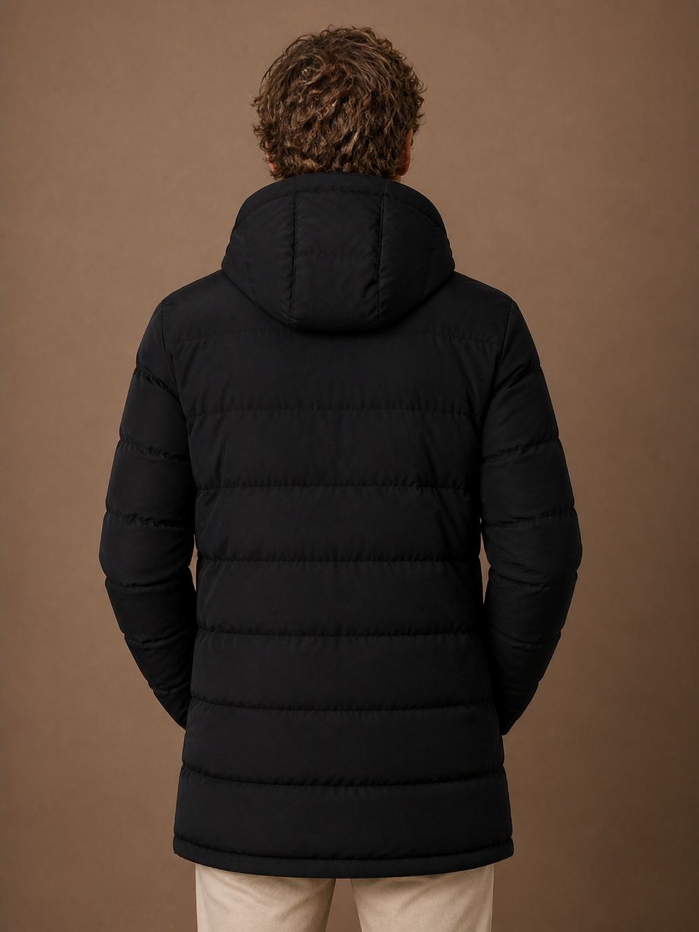 Men's Long Hooded Puffer Jacket Insulated Winter Coat - Black - Back View [AI-OPT:086f65a4-459f-4806-b4eb-c97049486d8c]