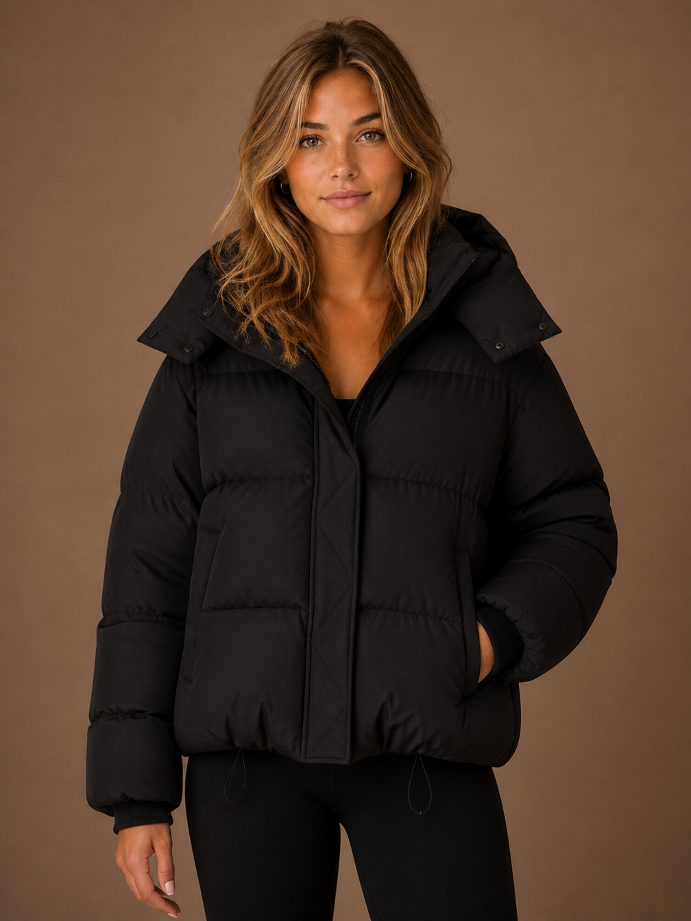 Women's Oversized Hooded Puffer Jacket – Short Padded Winter Coat - Black