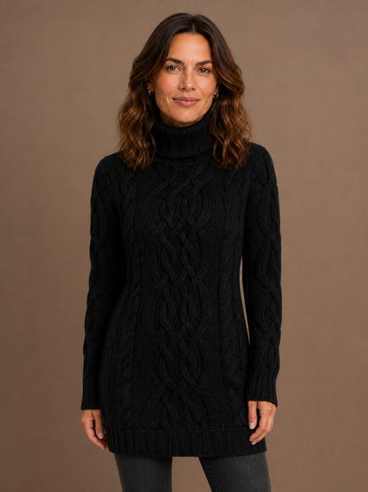 Women’s Roll Neck Jumper Dress - Cable Knit Midi Sweater with Long Sleeves - Black