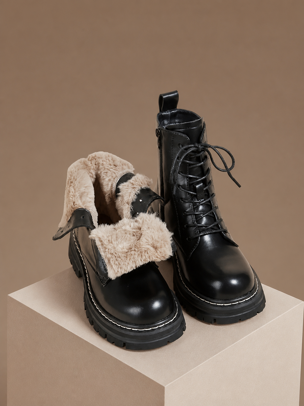 Women's Winter Boots with Faux Fur Lining - Waterproof Non-Slip Shoes - Black