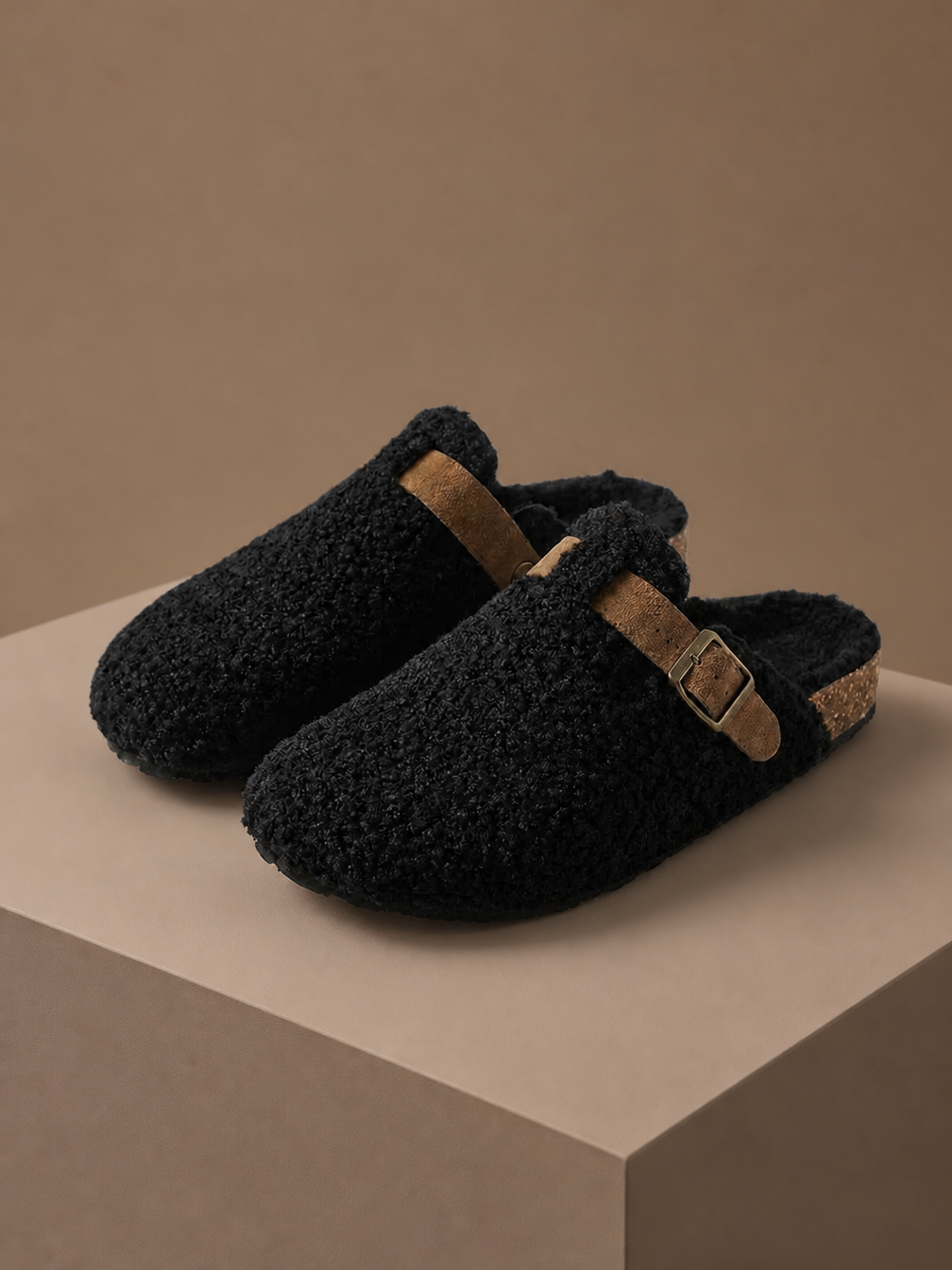 Sheepskin Mule Slippers with Warm Lining and Non-Slip Rubber Sole - Black