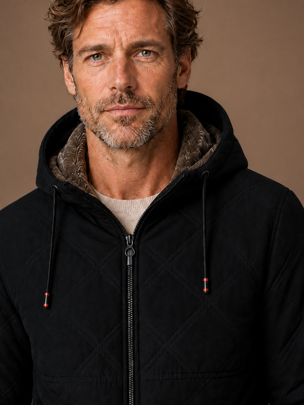 Men's Quilted Puffer Jacket - Hooded Faux-Fur Lined Autumn Winter Coat - Black - Detail Close-Up [AI-OPT:1b037ceb-2f84-4088-a5f8-5ba632dbe19a]