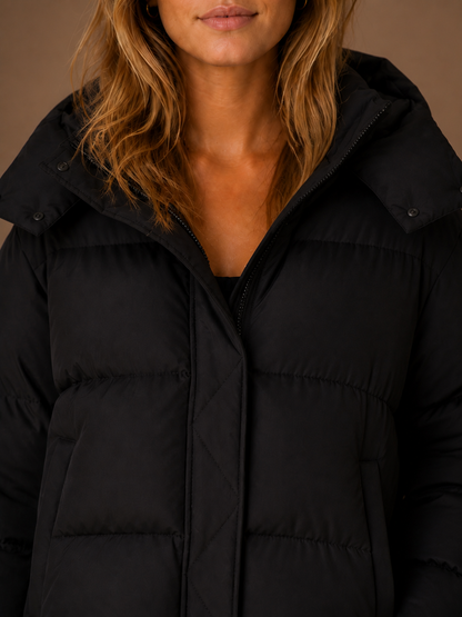 Women's Oversized Hooded Puffer Jacket – Short Padded Winter Coat - Black - Detail Close-Up [AI-OPT:7b529f8c-b46f-432b-b2a5-f9414dd9275d]