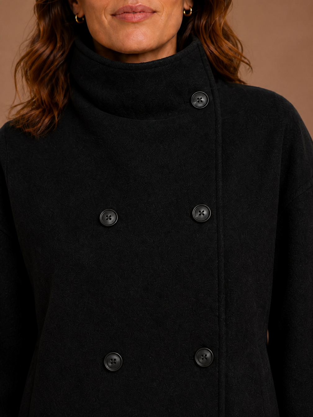 Women's Funnel Neck Jacket - Felt Tailored Winter Loose Pea Coat - Black - Detail Close-Up [AI-OPT:26ae29dc-b26f-45a5-a07e-d4c57c562933]