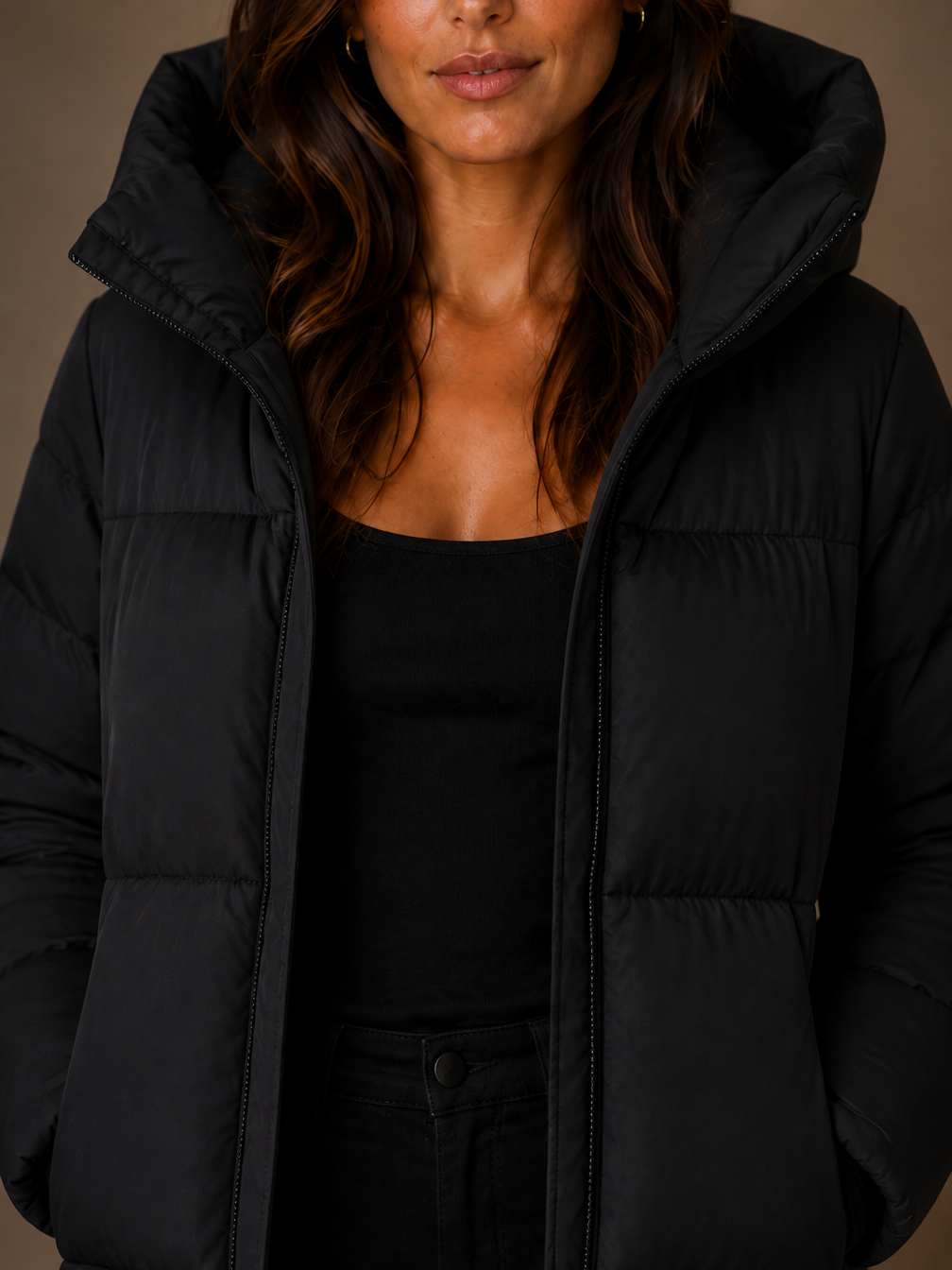 Women's Longline Hooded Puffer Coat – Knee-Length Padded Winter Coat - Black - Detail Close-Up [AI-OPT:41d11110-380d-4f06-b3bd-cf66735b17a7]