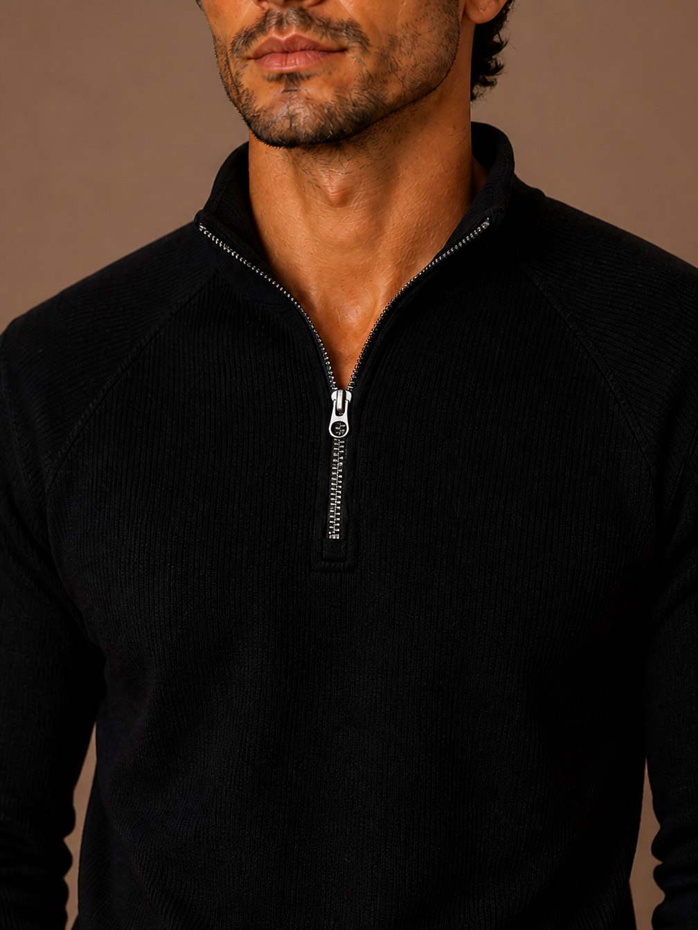Men's Quarter-Zip Fleece Sweatshirt with Stand Collar- Ribbed Texture Zipper Jumper - Black - Detail Close-Up [AI-OPT:eff99e90-dcf3-4383-a212-3f8176e114a9]