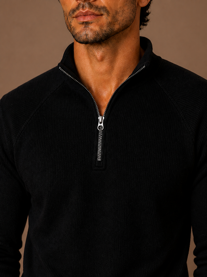 Men's Quarter-Zip Fleece Sweatshirt with Stand Collar- Ribbed Texture Zipper Jumper - Black - Detail Close-Up [AI-OPT:eff99e90-dcf3-4383-a212-3f8176e114a9]