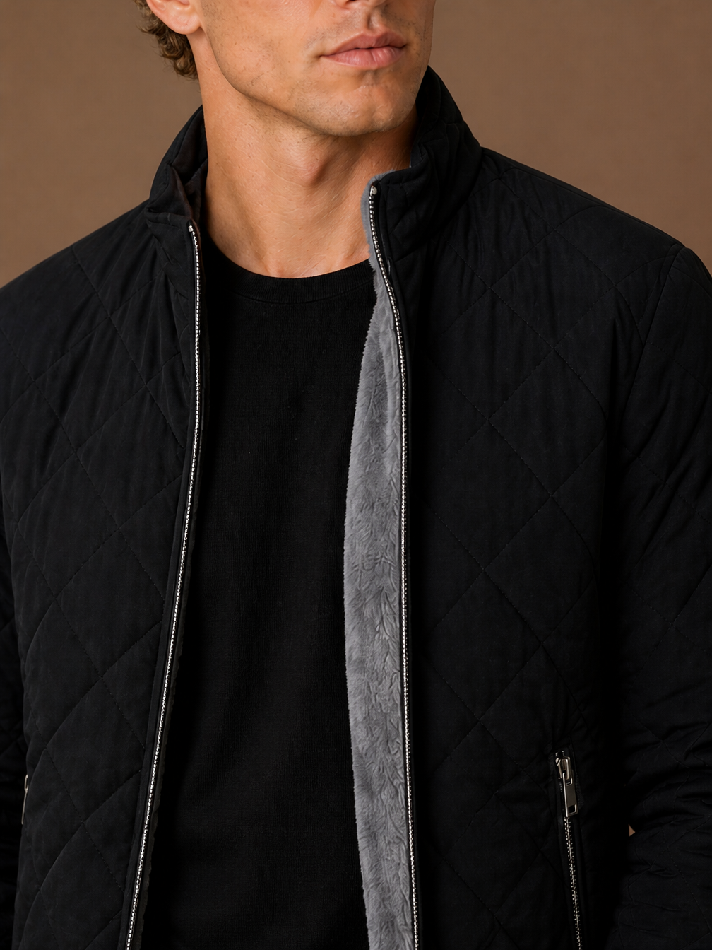 Men's Quilted Winter Jacket with Fleece-Style Lining, Stand Collar and Zip Pockets - Black - Black - Detail Close-Up [AI-OPT:def93526-5c20-457a-aed1-e44e1a017c1e]