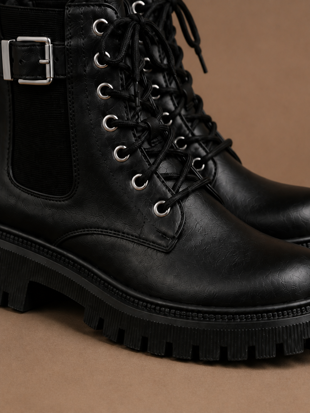 Women's Black Lace-Up Ankle Boots with Buckle Strap and Chunky Lug Sole - Black - Detail Close-Up [AI-OPT:80fa125c-f264-4a14-9654-e2386d5f0003]
