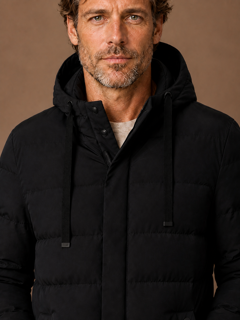 Men's Long Hooded Puffer Jacket Insulated Winter Coat - Black - Detail Close-Up [AI-OPT:61aeb696-695a-48de-a36d-5bc8bf615205]