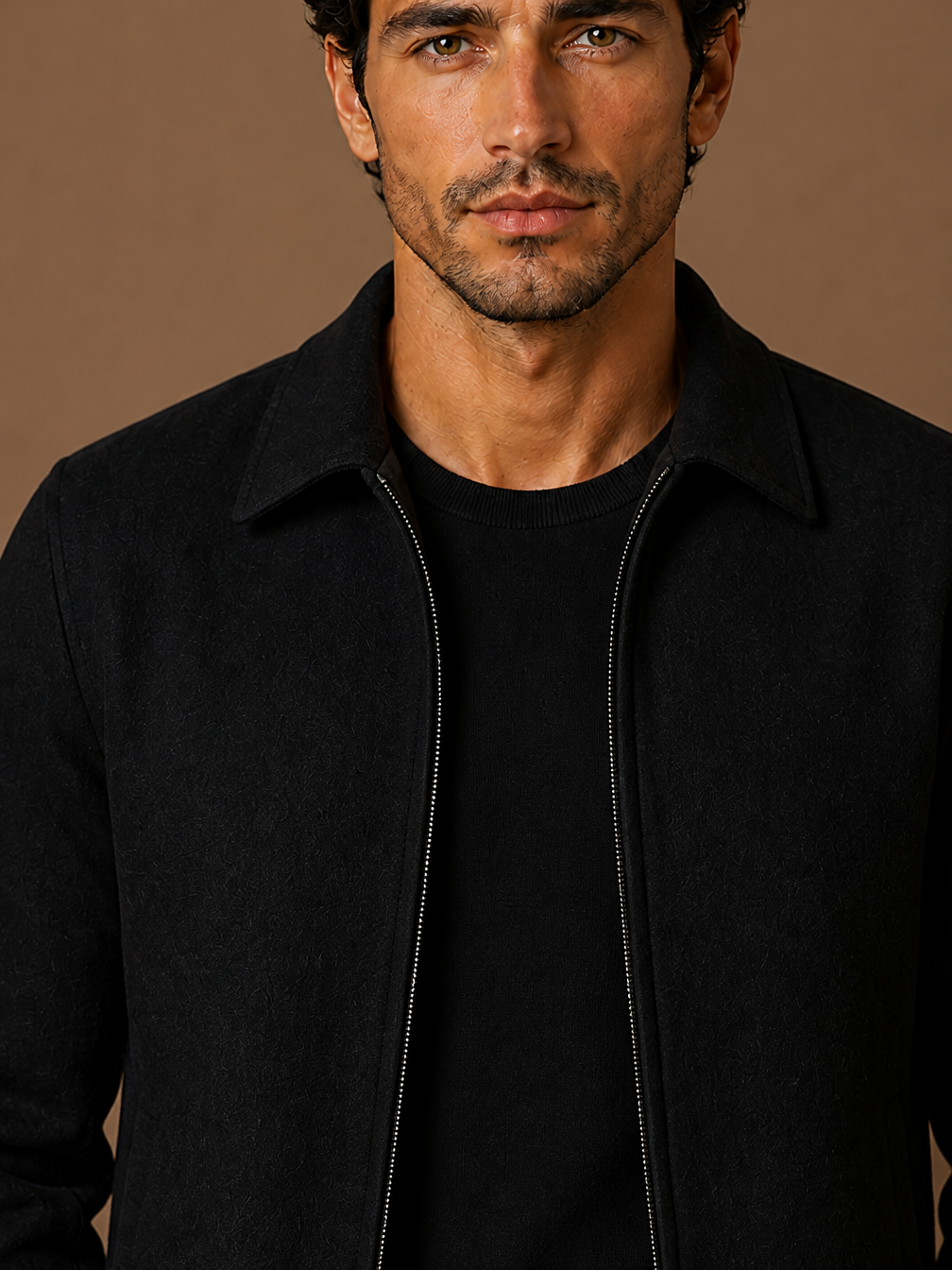 Men’s Wool Blend Jacket with Plaid Lining - Lightweight Warmth Overshirt - Black - Detail Close-Up [AI-OPT:778b36c0-4348-48d5-9cae-2c96cd1d91a4]