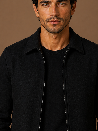 Men’s Wool Blend Jacket with Plaid Lining - Lightweight Warmth Overshirt - Black - Detail Close-Up [AI-OPT:778b36c0-4348-48d5-9cae-2c96cd1d91a4]