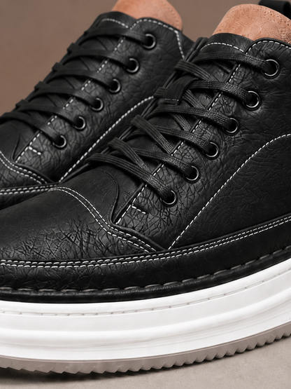 Men’s Leather Look Platform Trainers – Lace-Up Low-Top Casual Shoes - Black - Detail Close-Up [AI-OPT:a750d2a7-1202-46ad-9d39-db3532d43b1d]