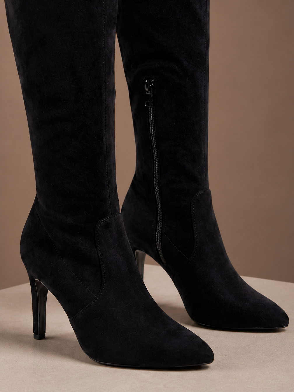 Women's Tall Suede Boots High Heel Over Knee Stylish Boots - Black - Detail Close-Up [AI-OPT:c2410863-cc31-4170-a64a-82f0cbff3c26]