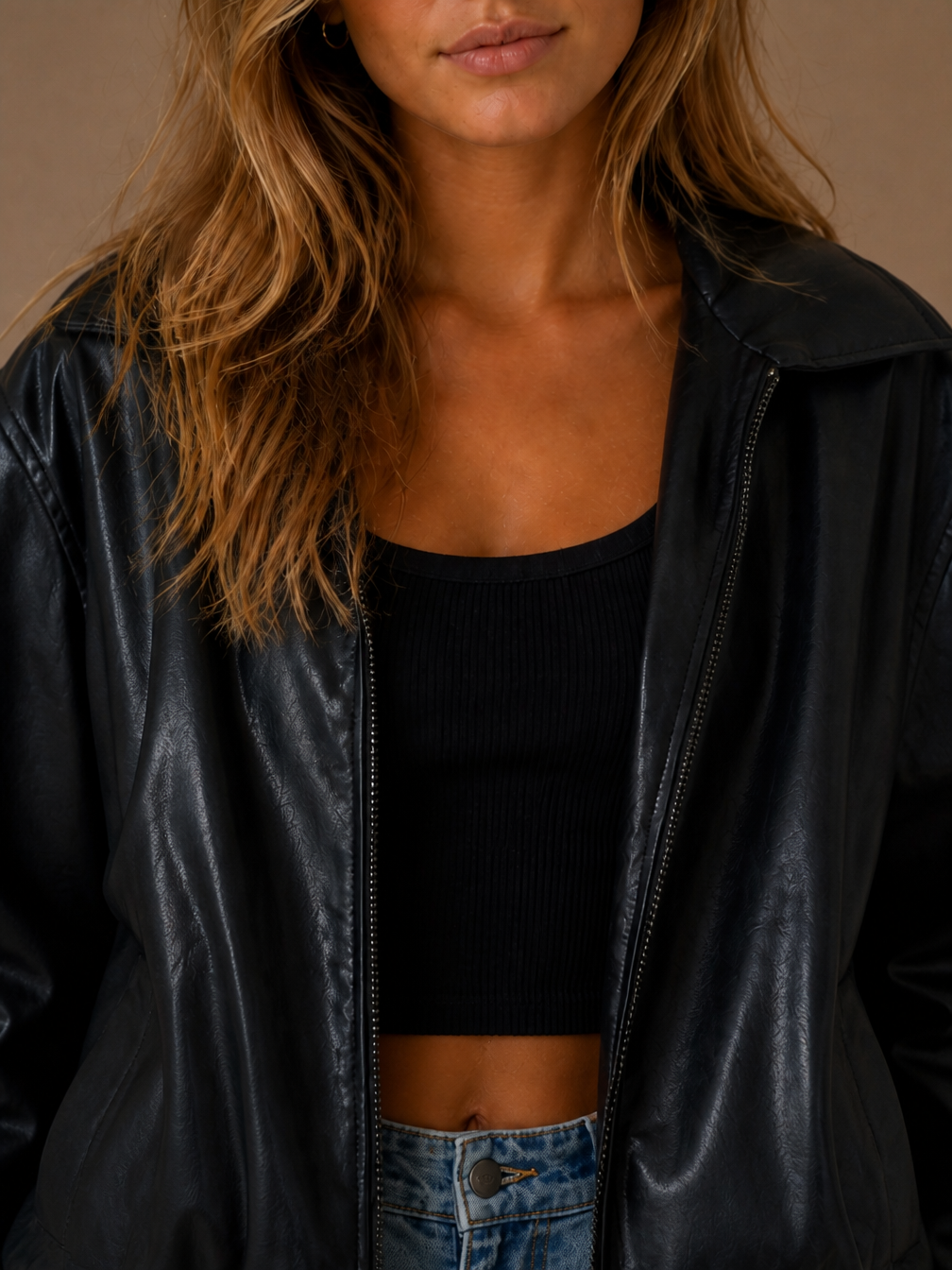 Women's Oversized PU Leather Jacket, Casual Brown or Black Faux Leather Coat - Black - Detail Close-Up [AI-OPT:91eee6d0-b494-4069-a22c-1e1d2a893ad1]