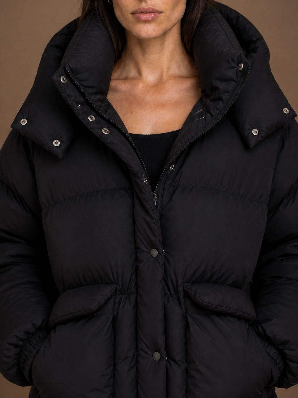 Women's Oversized Quilted Hooded Puffer Jacket with Storm Flap and Zip Pockets - Black - Detail Close-Up [AI-OPT:022d2df1-a694-435e-82e5-55dfdbabbb1b]