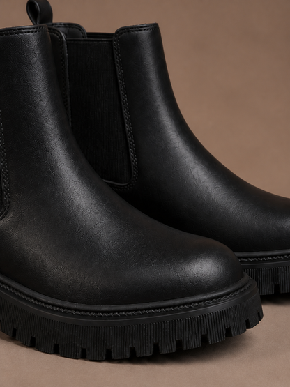 Women's Black Chelsea Boots with Lug Sole, Slip-On Ankle Boots - Black - Detail Close-Up [AI-OPT:3d85fec0-4e67-485c-8bfc-123a7036c606]