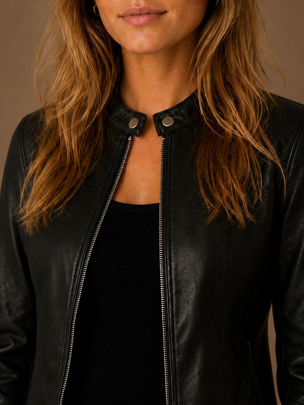 Women's Cropped Faux Leather Jacket with Zip Front and Fitted Waist - Black - Detail Close-Up [AI-OPT:2beceaba-2870-4bda-9411-22c113cc5f5c]