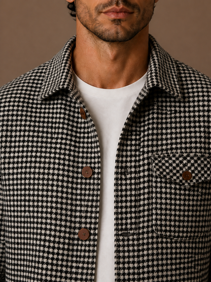 Men’s Houndstooth Shirt Jacket with Button Front - Long Sleeved Overshirt for Layering - Black - Detail Close-Up [AI-OPT:92b34c48-fefc-4825-8fe1-537dd6697f8a]
