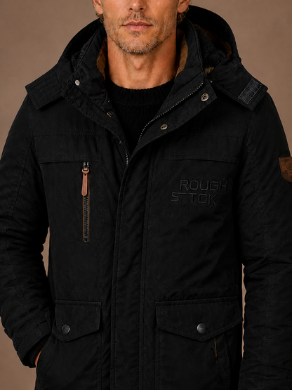 Men's Winter Parka with Hood, Padded Lining and Multiple Pockets - Black - Detail Close-Up [AI-OPT:7b0c9c67-5359-4361-ba7a-a6d8d91a3d2d]