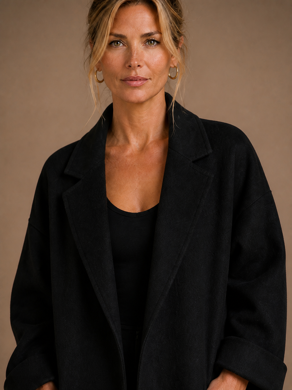 Women's Oversized Longline Coat with Lapels, Patch Pockets and Turn-Up Cuffs - Black - Detail Close-Up [AI-OPT:8f9c0d11-3086-4263-99b5-c0a7d0cb691d]