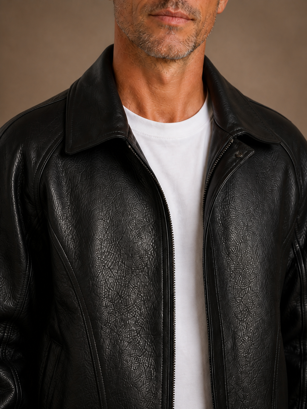 Men's Black Biker Leather Jacket Waterproof Lightweight Vintage Bomber - Black - Detail Close-Up [AI-OPT:6de73f98-0016-4309-98dc-fc2330bda855]