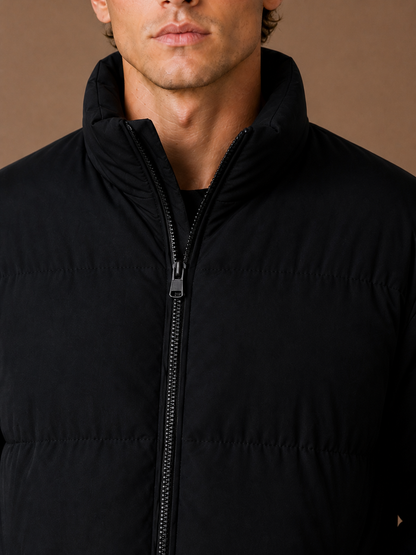 Men's Quilted Puffer Jacket, Regular Fit Winter Coat with Full-Length Zip and Hand Pockets - Black - Detail Close-Up [AI-OPT:241f880a-7d60-488e-a9bb-98f6b385e8cd]