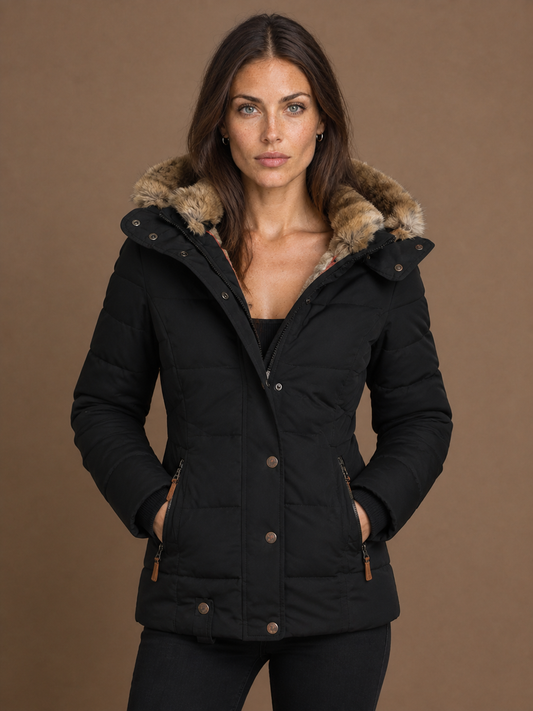 Women’s Quilted Puffer Jacket with Faux Fur Hood - Insulated Waist-Fitted Winter Coat - Black