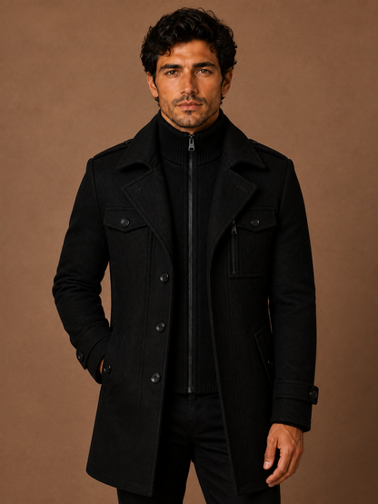 Men’s Wool Overcoat – Longline Structured Fit Winter Jacket - Black