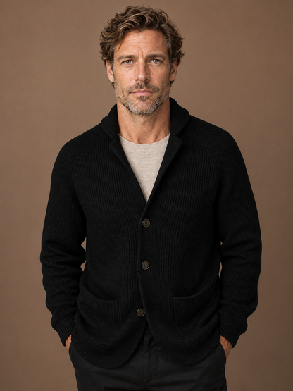 Men's Ribbed Wool Blend Cardigan - Vest with Shawl Collar and Pockets - Black