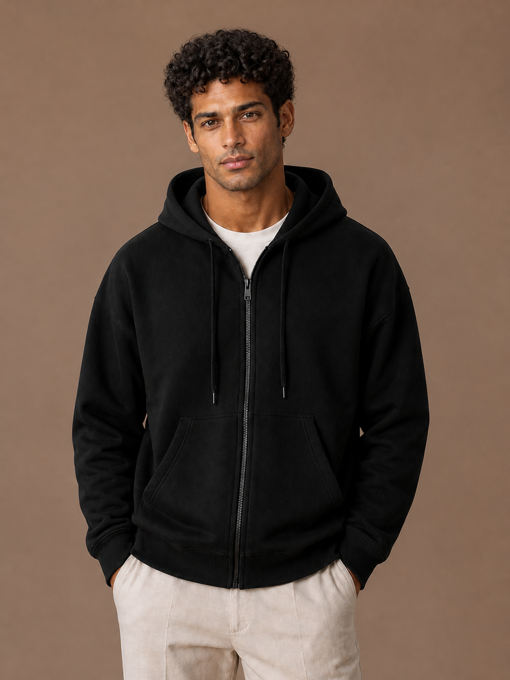 Men's Full-Zip Hoodie Sweatshirt with Long Sleeves - Black