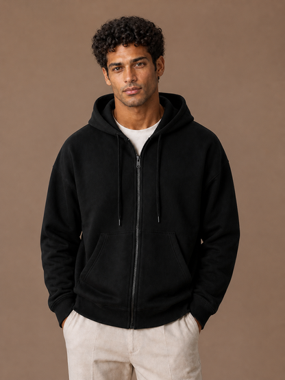 Men's Full-Zip Hoodie Sweatshirt with Long Sleeves - Black