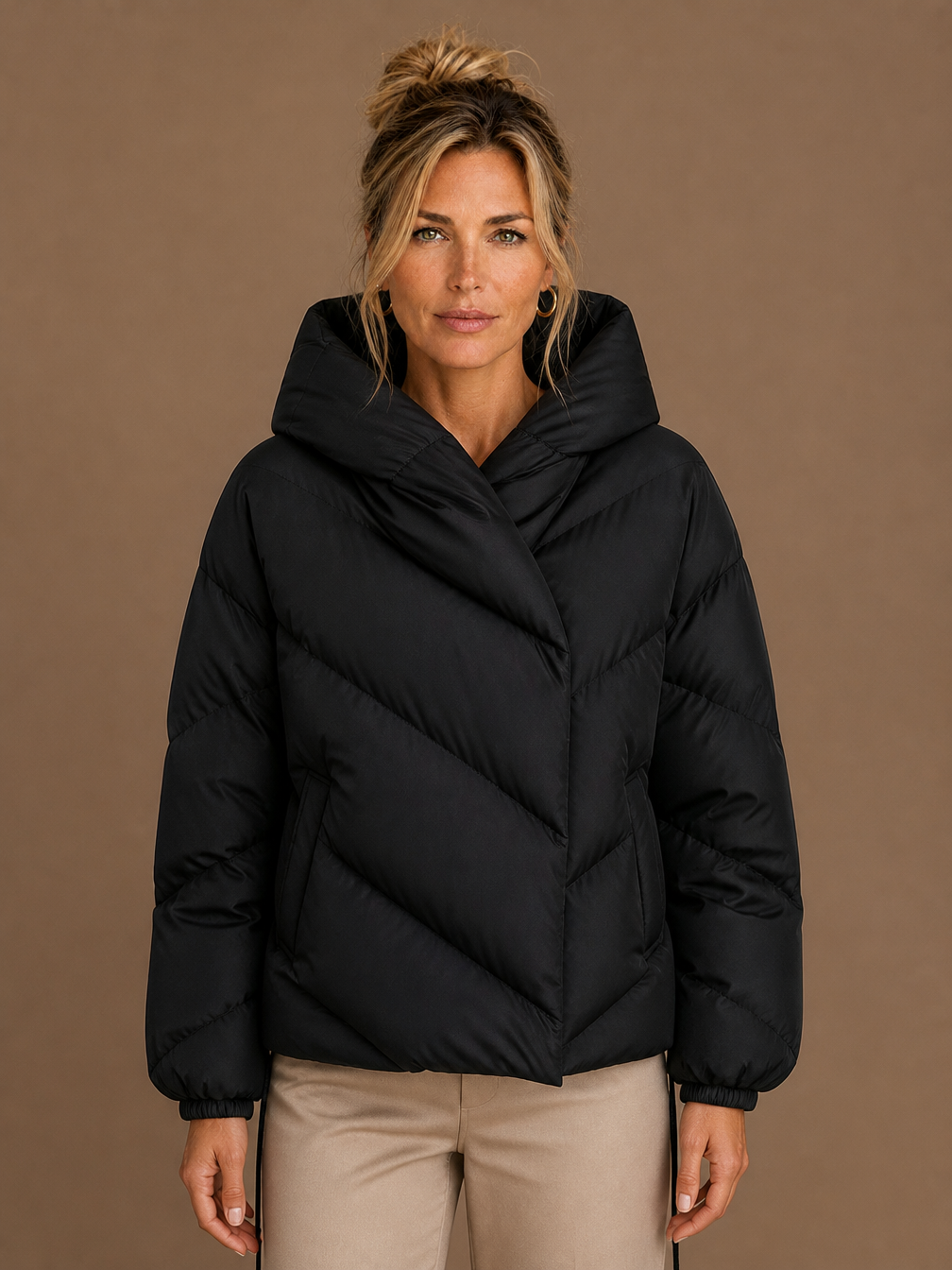 Women's Hooded Down Puffer Jacket Cropped Relaxed Fit Quilted Chevron Panels Brown - Black